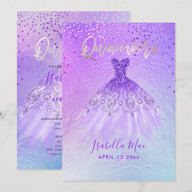 Quinceanera Violet+Blue Gown+Confetti Invitation (Front/Back)