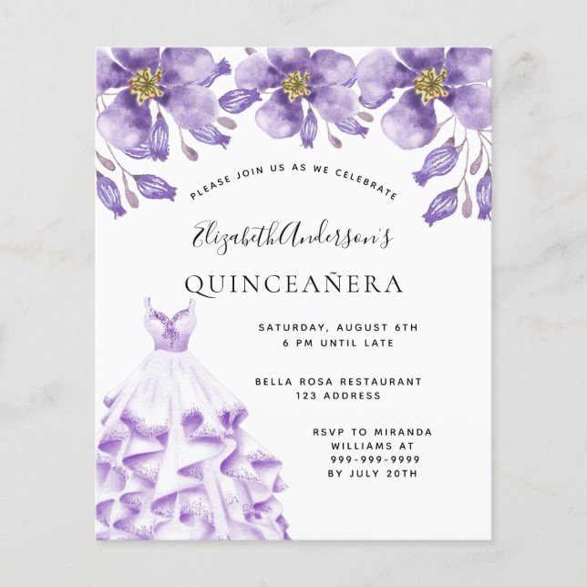 Quinceanera violet white dress floral budget flyer (Front)