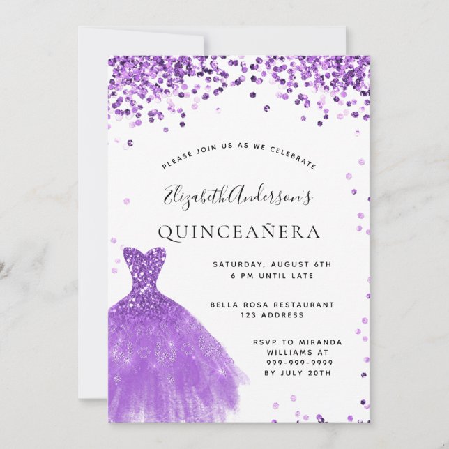 Quinceanera violet white dress glitter glam invitation (Front)