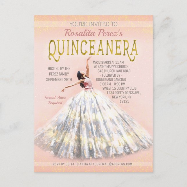 Quinceanera Watercolor Dress Blush Pink Gold Fancy Postcard (Front)