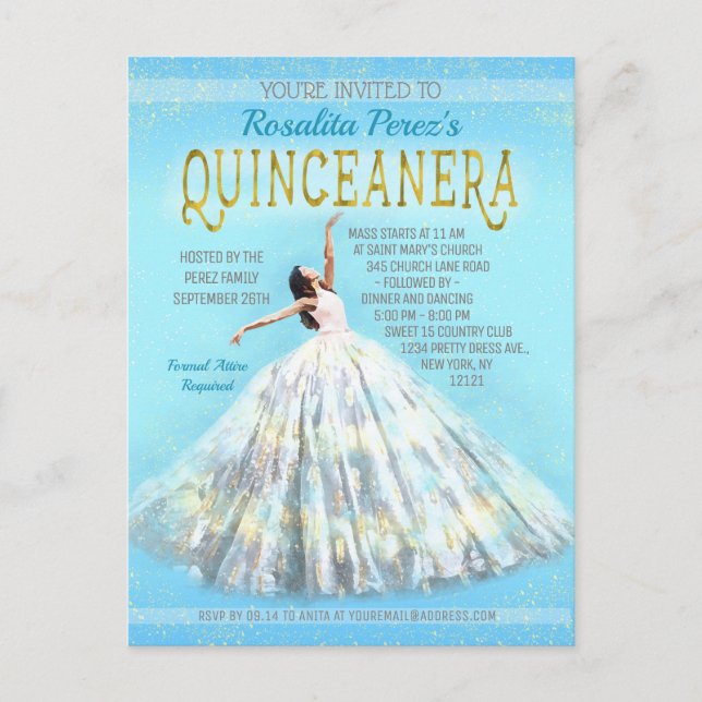 Quinceanera Watercolor Dress Royal Blue Gold Fancy Postcard (Front)