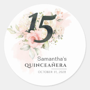 Quinceanera Watercolor Floral 15th Birthday Pink Classic Round Sticker