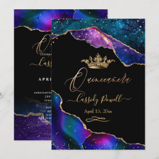 Quinceanera, Watercolor Galaxy Agate Faux Gold Inv Invitation