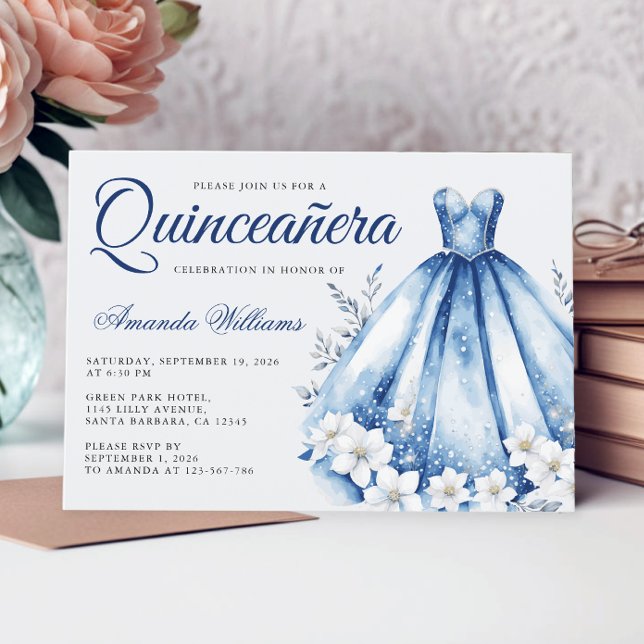 Quinceanera Watercolor Navy Blue Gown Invitation (Creator Uploaded)