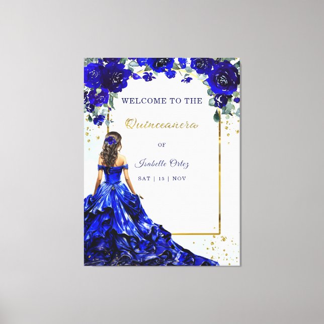 Quinceañera Welcome Royal Blue and Gold Canvas Print (Front)