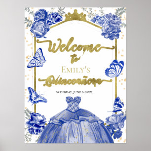 Quinceanera Welcome Sign Royal Blue Dress Floral