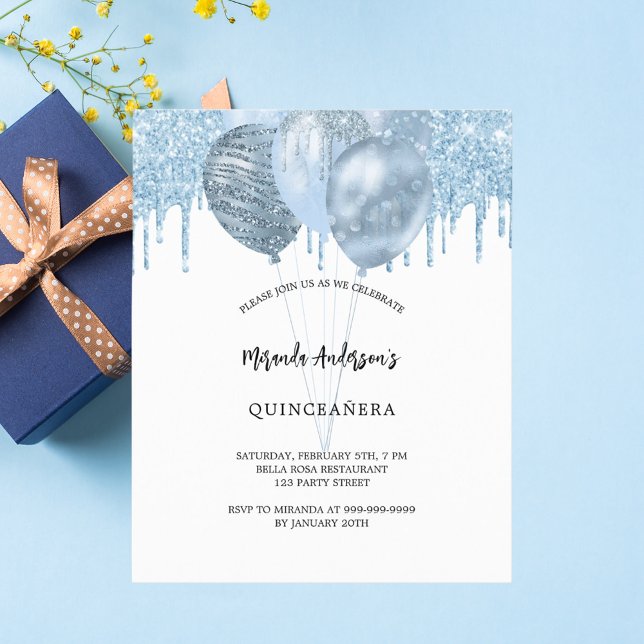 Quinceanera white blue balloons glitter drips invitation postcard (Creator Uploaded)