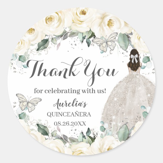 Quinceañera White Floral Princess Butterfly Silver Classic Round Sticker (Front)