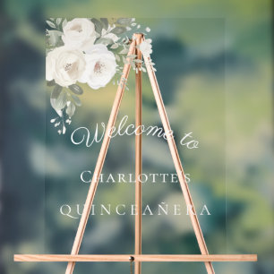 Quinceanera white florals clear party welcome acrylic sign