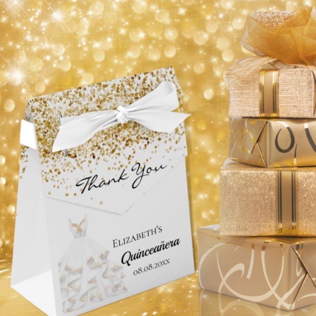 Quinceanera white gold dress thank you favor box (Creator Uploaded)