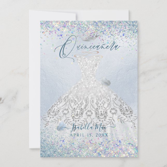 Quinceanera White Gold Dusty Blue Glitter Gown Invitation (Front)