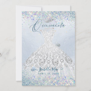 Quinceanera White Gold Dusty Blue Glitter Gown Invitation