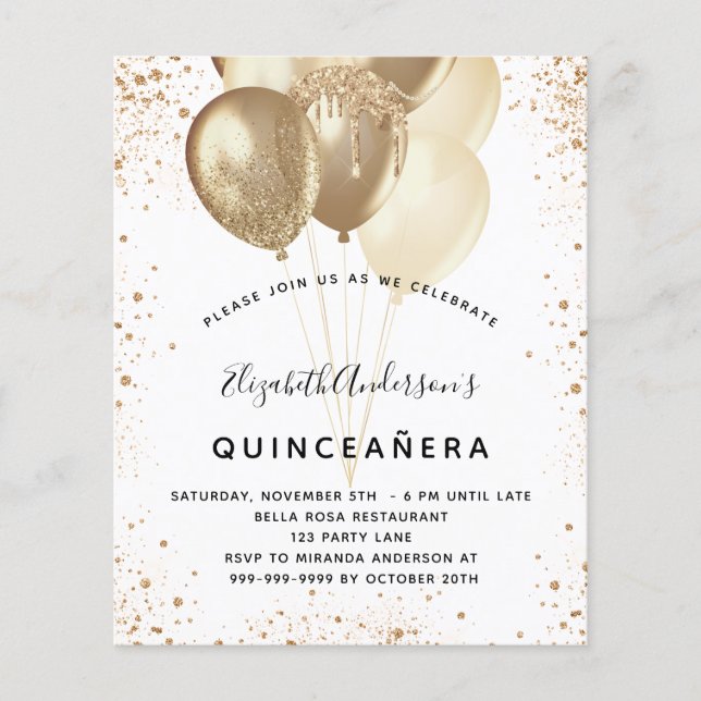 Quinceanera white gold glitter balloons budget flyer (Front)