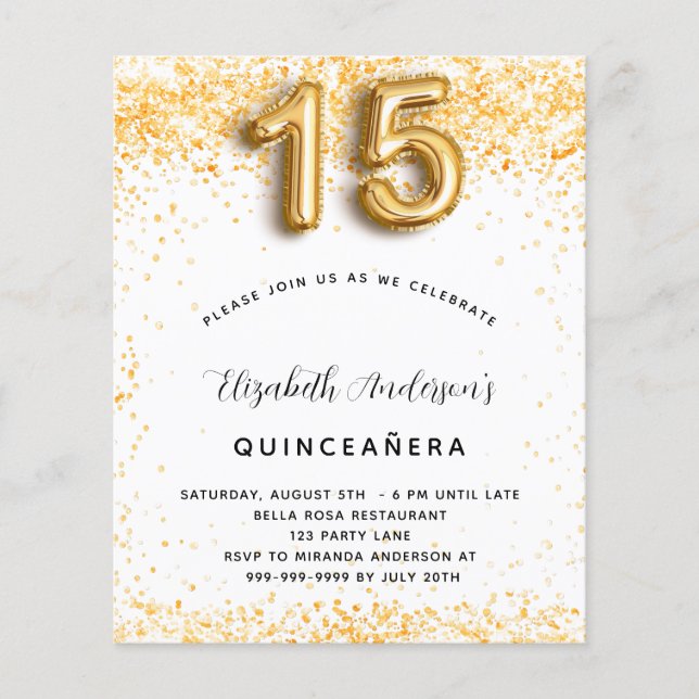 Quinceanera white gold glitter budget invitation flyer (Front)