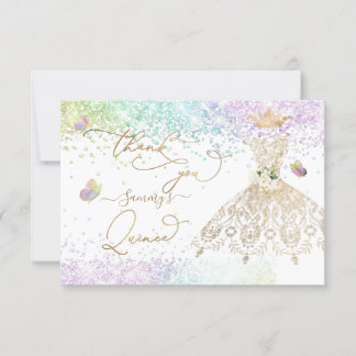 Quinceanera White Gold Glitter Gown Pastel Thank Y Thank You Card