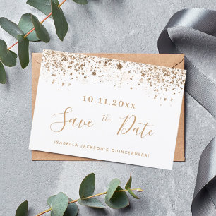 Quinceanera white gold glitter save the date announcement