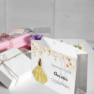 Quinceanera white gold stars dress tiara large gift bag