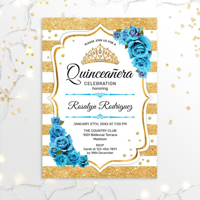 Quinceanera - White Gold Stripes Blue Invitation (Creator Uploaded)
