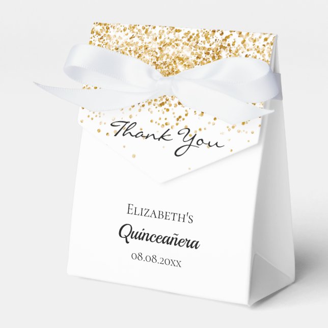 Quinceanera white gold thank you  favor box (Front Side)