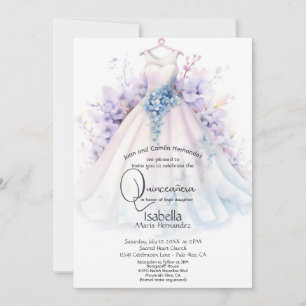 Quinceañera   White Gown Purple and Blue FLowers Invitation