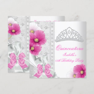 Quinceañera White Pink Floral Diamond Tiara Invitation