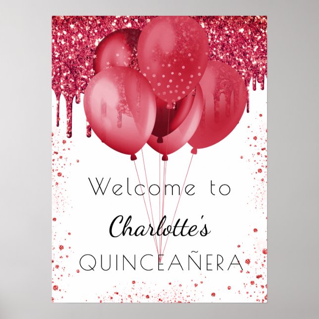 Quinceanera white red glitter welcome balloons poster (Front)