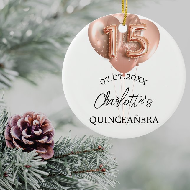 Quinceanera white rose gold balloons name ceramic ornament (Creator Uploaded)
