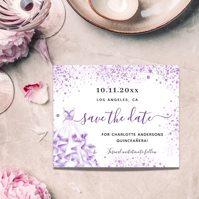 Quinceanera white violet save the date card (Creator Uploaded)