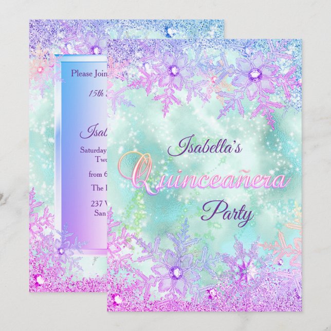 Quinceanera Winter Teal Blue Purple Pink Invitation (Front/Back)