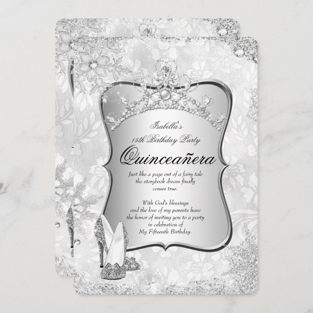Quinceanera Winter Wonderland Silver Snowflake 2 Invitation (Front/Back)