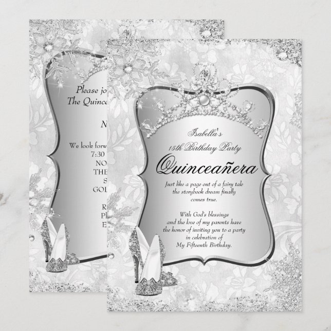 Quinceanera Winter Wonderland Silver Snowflake 2 Invitation (Front/Back)