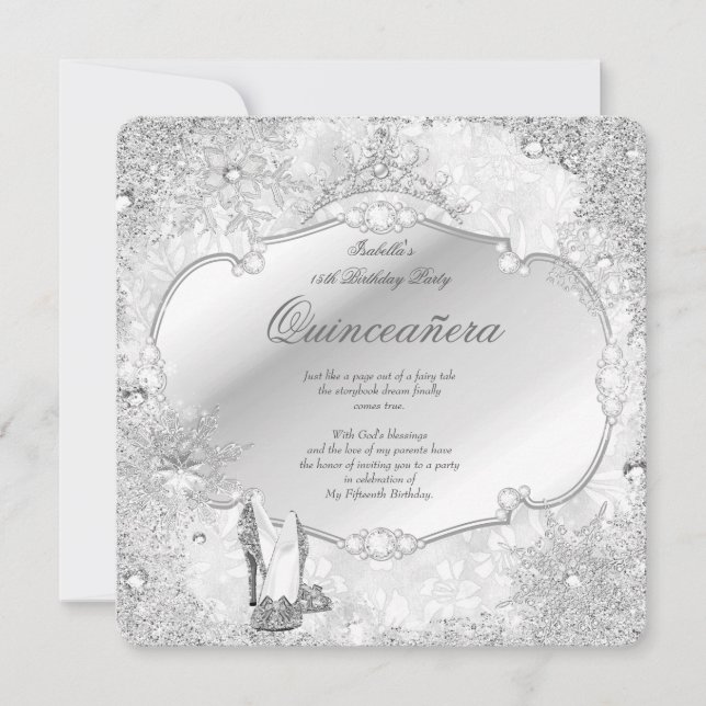 Quinceanera Winter Wonderland Silver Snowflake A Invitation (Front)