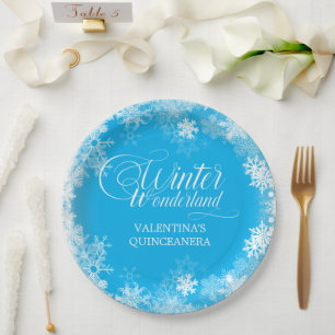 Quinceanera Winter Wonderland Snowflake Blue Paper Plate