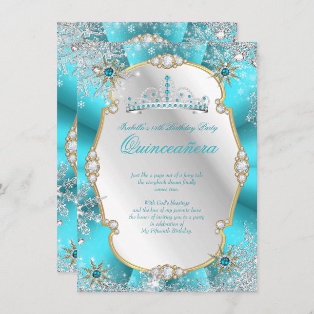 Quinceanera Winter Wonderland Teal Gold Silver Invitation (Front/Back)