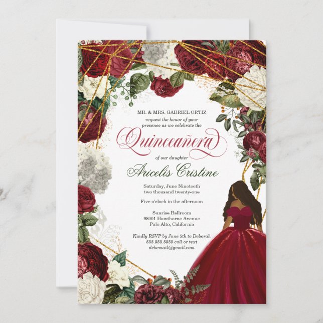 Quinceanera with elegant gown and burgundy florals invitation (Front)