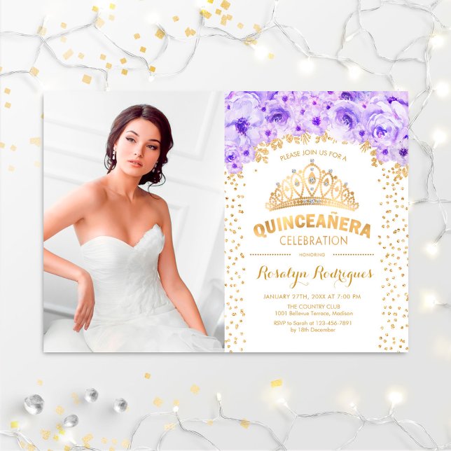 Quinceanera With Photo - Gold Purple White Invitation (Creator Uploaded)