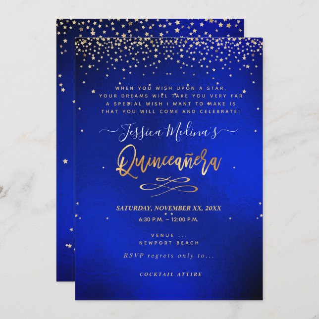 Quinceañera, Written in the Star, Blue Velvet Invitation (Front/Back)