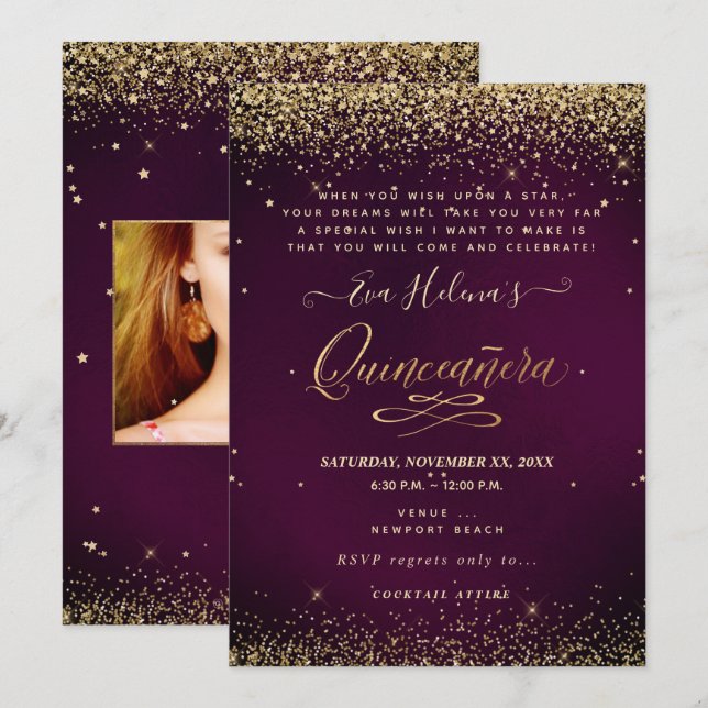 Quinceañera, Written in the Star, DIY Burgundy Invitation (Front/Back)