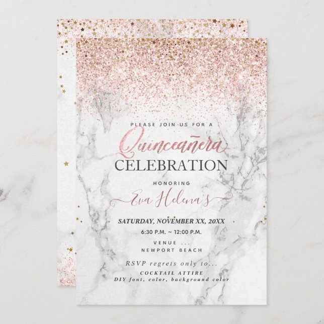 Quinceañera, Written in the Star, Marble+Rose Gold Invitation (Front/Back)