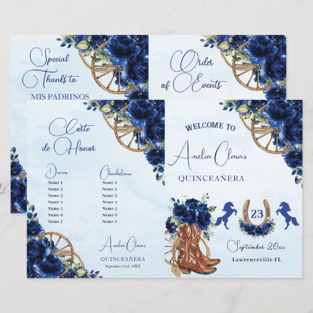 Quinceañera XV 15 Royal Blue Floral Charro Program (Front/Back)