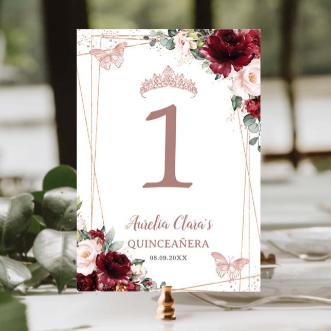 Quinceañera XV 16 Burgundy Blush Floral Rose Gold  Table Number (Creator Uploaded)