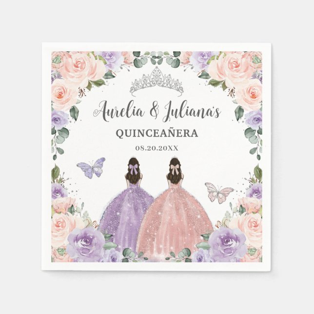 Quinceañera XV Sweet 16 Lilac Blush Floral Twins Napkin (Front)