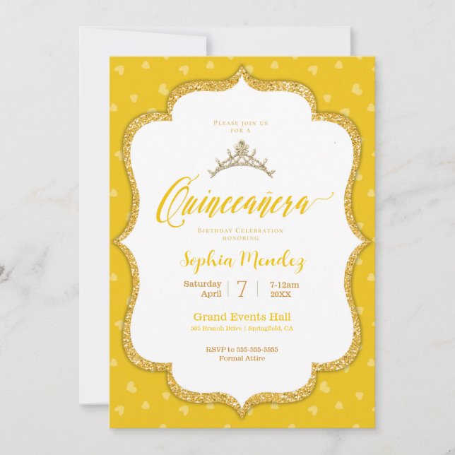 Quinceanera - Yellow and Gold Hearts Invitation (Front)