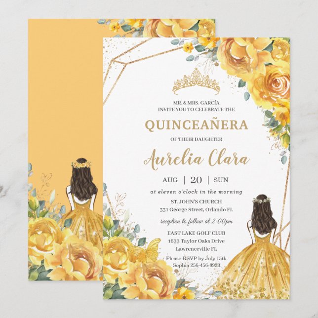 Quinceañera Yellow Floral Gold Princess 15 Anos Invitation (Front/Back)