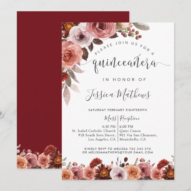 Quinceñera Bourgogne et Invitation florale Blush (Devant / Derrière)