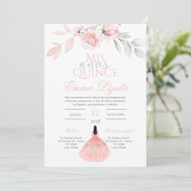 Quinceñera Invitation en espagnol rose floral (Debout devant)
