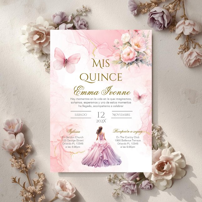 Quinceñera Invitation en espagnol rose floral (Créateur téléchargé)