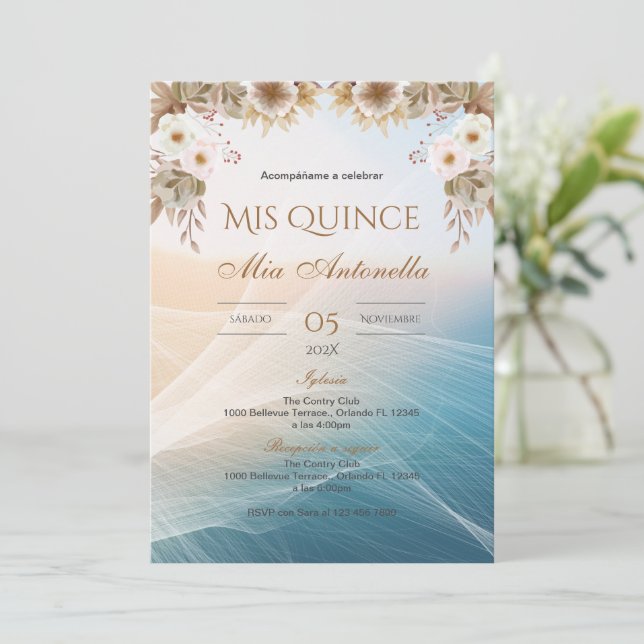 Quincenera Invitation in Spanish BohoFloral (Standing Front)