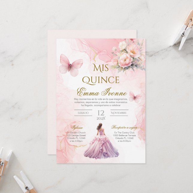 Quinceñera Invitation in Spanish Pink Floral (Front/Back In Situ)