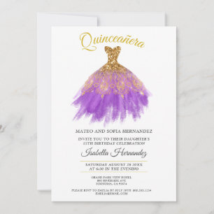 Quineanera Gold Glitter Purple Party Invitation